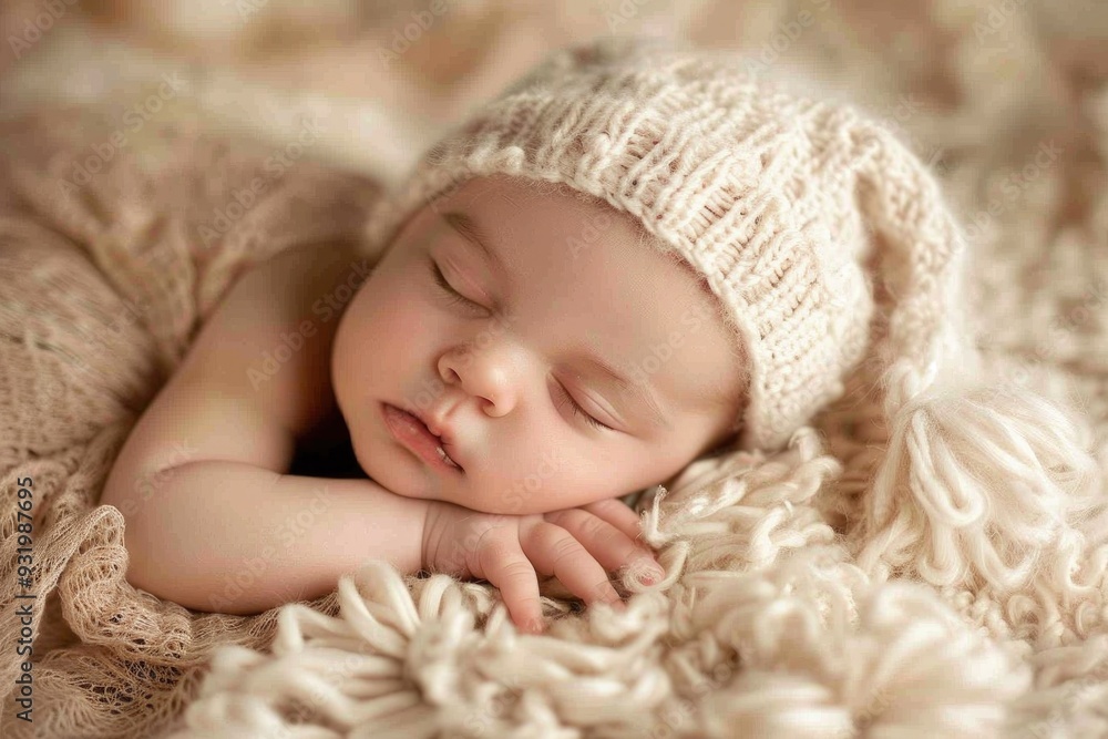 Peaceful Newborn Baby Sleeping on Cozy Blanket in Knitted Hat Peaceful Newborn Baby Sleeping on Cozy Blanket in Knitted Hat