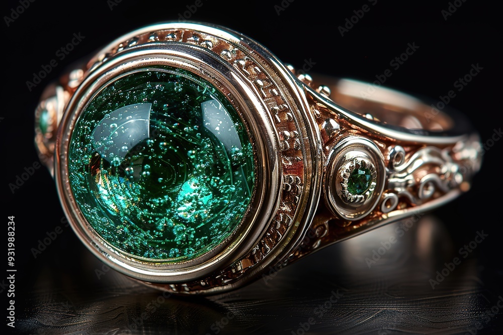 A green and gold ring with a green stone in the center A green and gold ring with a green stone in the center
