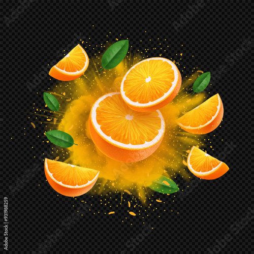 Realistic orange fruit slices and pieces and leaves flying in orange citrus explosion isolated on dark transparent background. Banner or ADS template or design element.