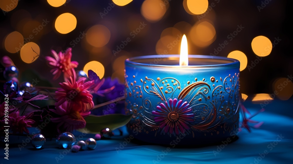 An intricately designed candle on a patterned plate exudes a calming and elegant ambiance. An intricately designed candle on a patterned plate exudes a calming and elegant ambiance.