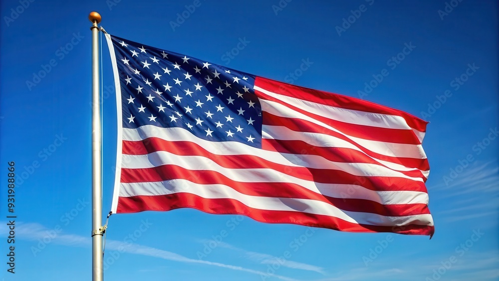 Obraz premium American flag waving proudly against a clear blue sky, patriotic, USA, freedom, stars and stripes