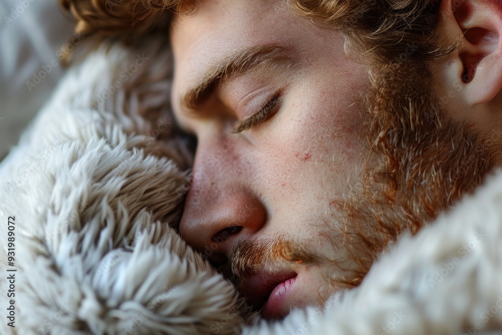 Close-Up of Bearded Man Sleeping Peacefully on Soft Blanket in Natural Light Close-Up of Bearded Man Sleeping Peacefully on Soft Blanket in Natural Light
