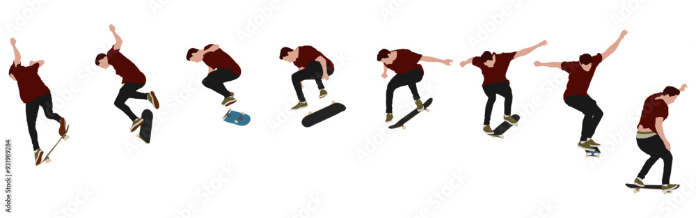 Dynamic silhouette sequence of skateboarder performing mid-air trick. Frame-by-frame image of skate trick. Multicolored vector illustration of silhouette. Fluid motion and athletic skateboarding skill Dynamic silhouette sequence of skateboarder performing mid-air trick. Frame-by-frame image of skate trick. Multicolored vector illustration of silhouette. Fluid motion and athletic skateboarding skill
