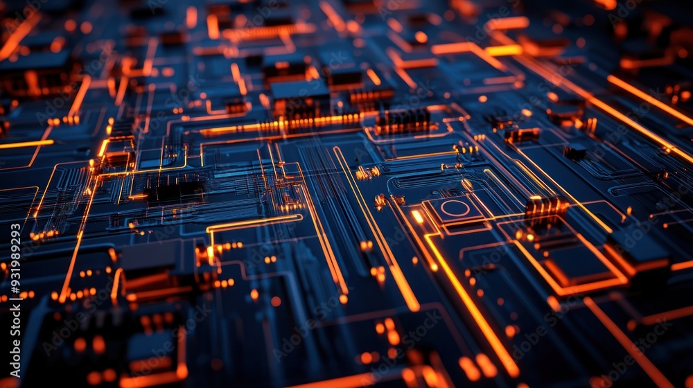 Abstract Circuit Board with Glowing Orange Lines Abstract Circuit Board with Glowing Orange Lines