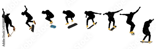Dynamic silhouette sequence of skateboarder performing mid-air trick. Frame-by-frame image of skate trick. Multicolored vector illustration of silhouette. Fluid motion and athletic skateboarding skill