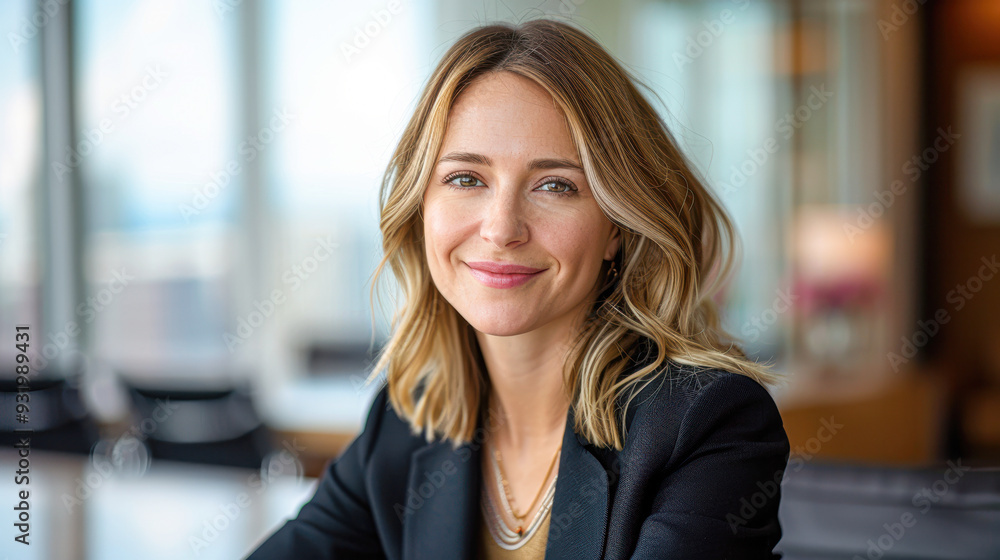 A woman with blonde hair and a black jacket is smiling for the camera A woman with blonde hair and a black jacket is smiling for the camera