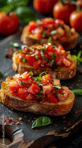 Delicious bruschetta with tomatoes, cheese, traditional Italian food