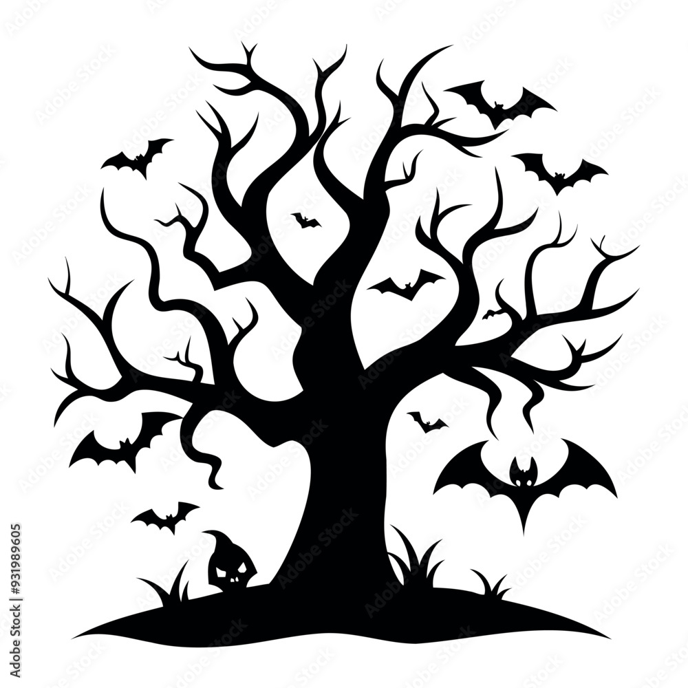 Black silhouette Halloween tree with bats Isolated on a white background Black silhouette Halloween tree with bats Isolated on a white background