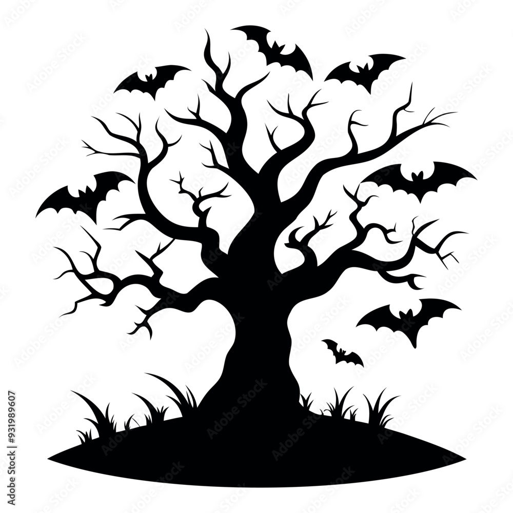 Black silhouette Halloween tree with bats Isolated on a white background Black silhouette Halloween tree with bats Isolated on a white background