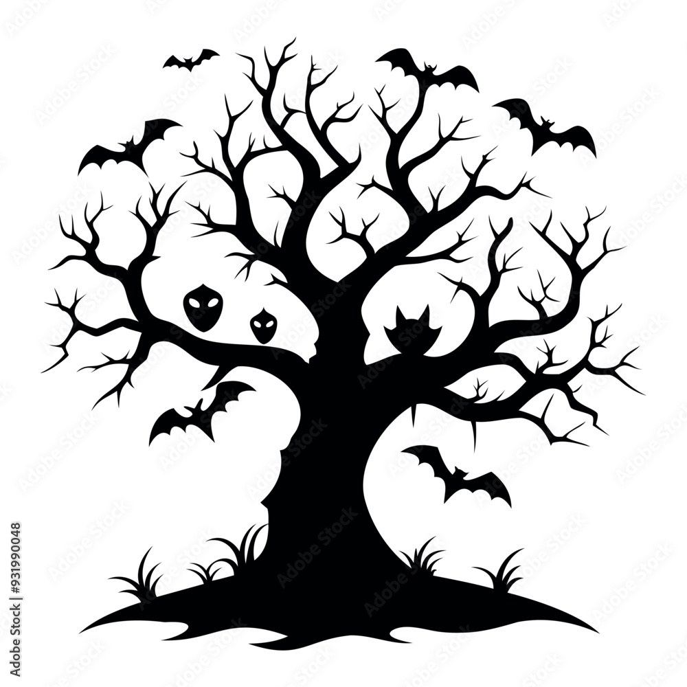 Black silhouette Halloween tree with bats Isolated on a white background Black silhouette Halloween tree with bats Isolated on a white background
