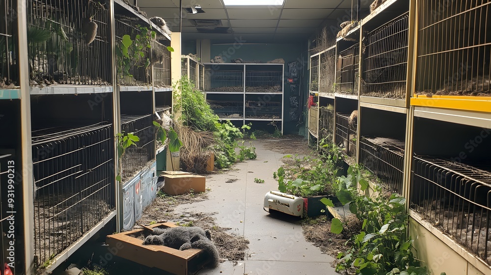 Fototapeta premium 50. **A vacant pet store with empty cages and plants growing inside