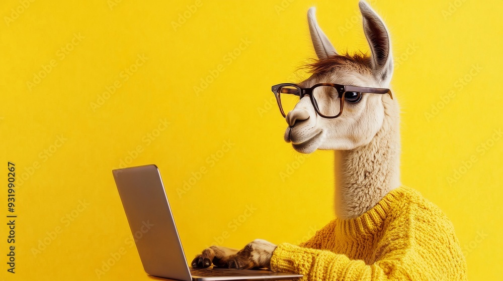 Fototapeta premium Llama wearing glasses and yellow sweater working on laptop on yellow background