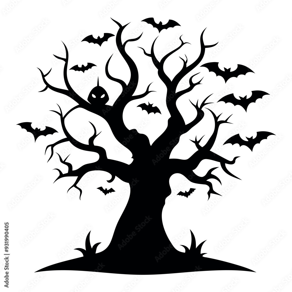 Black silhouette Halloween tree with bats Isolated on a white background Black silhouette Halloween tree with bats Isolated on a white background