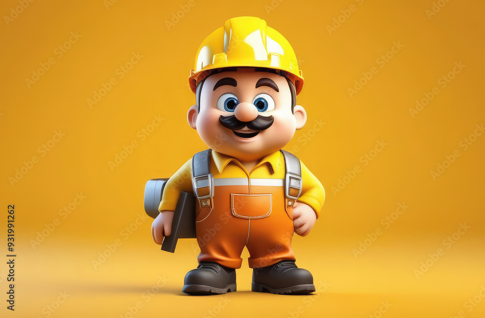 cute illustrated construction worker on yellow background. man in builder uniform, 3d illustration cute illustrated construction worker on yellow background. man in builder uniform, 3d illustration