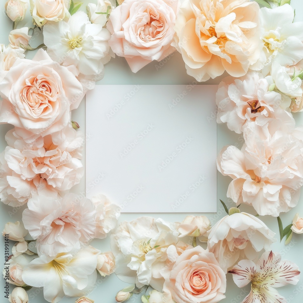 Flat lay of delicate pastel pink and white flowers with a blank white card. Flat lay of delicate pastel pink and white flowers with a blank white card.
