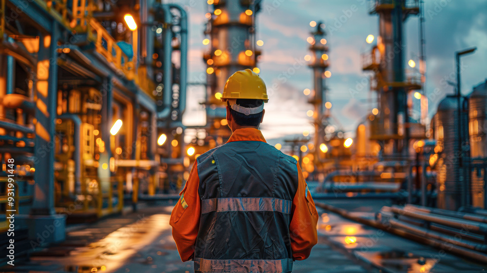 A man in a yellow helmet stands in front of a large industrial plant A man in a yellow helmet stands in front of a large industrial plant