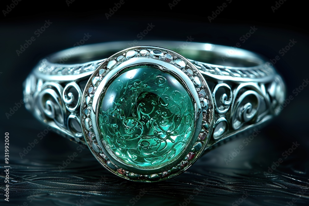 A green gemstone ring with a silver band A green gemstone ring with a silver band