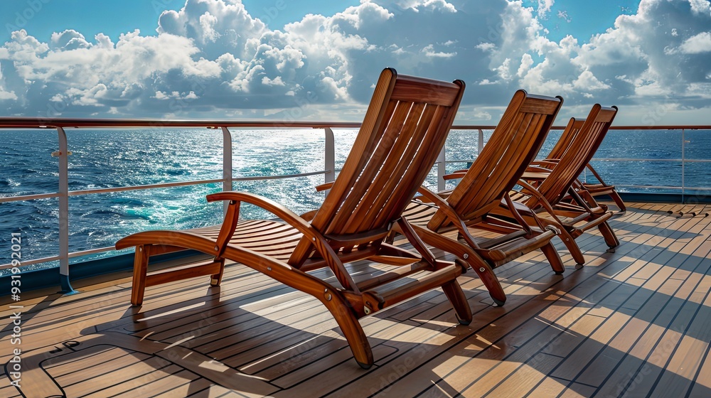 Empty sun loungers on the deck of a luxury cruise ship Empty sun loungers on the deck of a luxury cruise ship