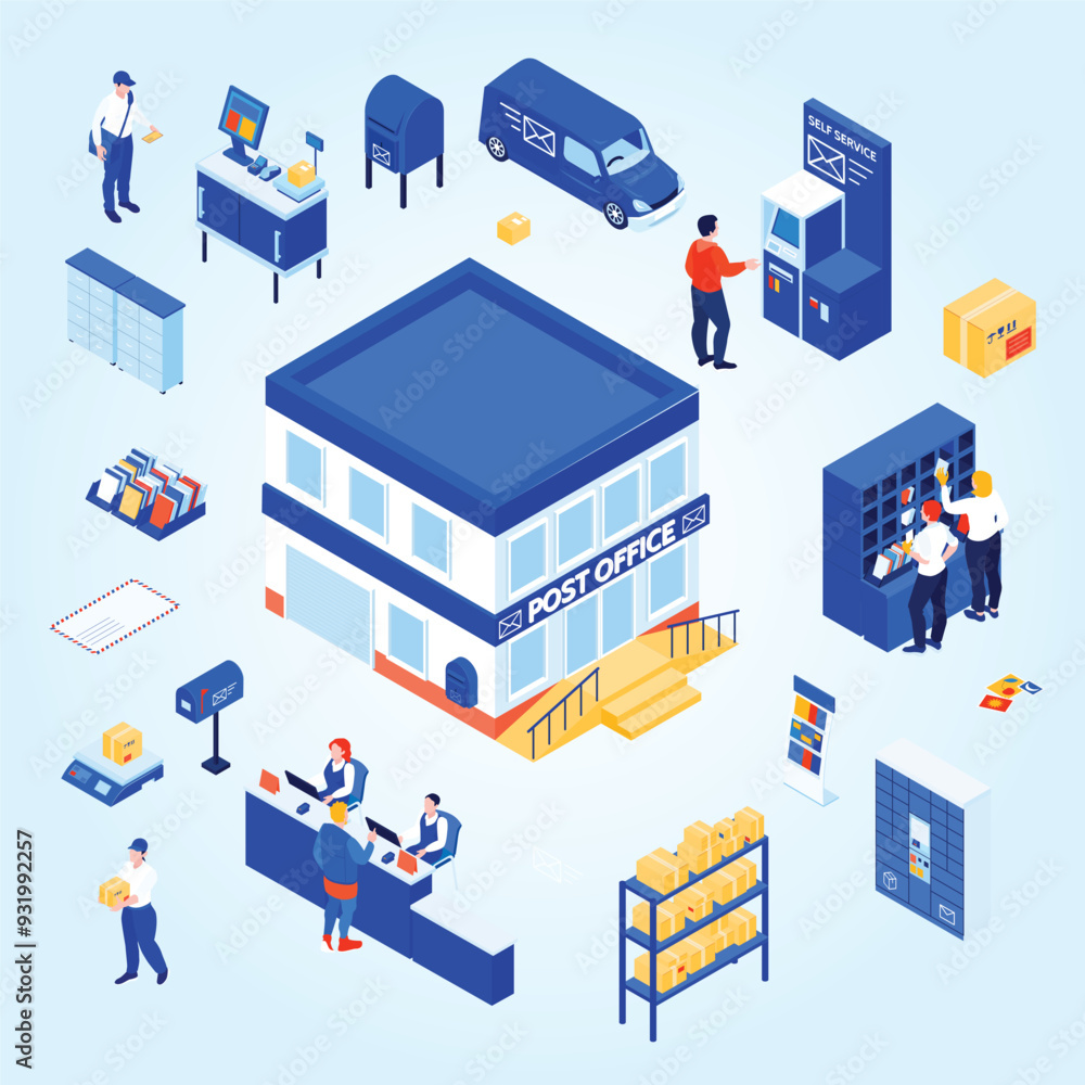 Isometric post office color set with isolated icons of furniture mailboxes automated parcel lockers and people vector illustration Isometric post office color set with isolated icons of furniture mailboxes automated parcel lockers and people vector illustration