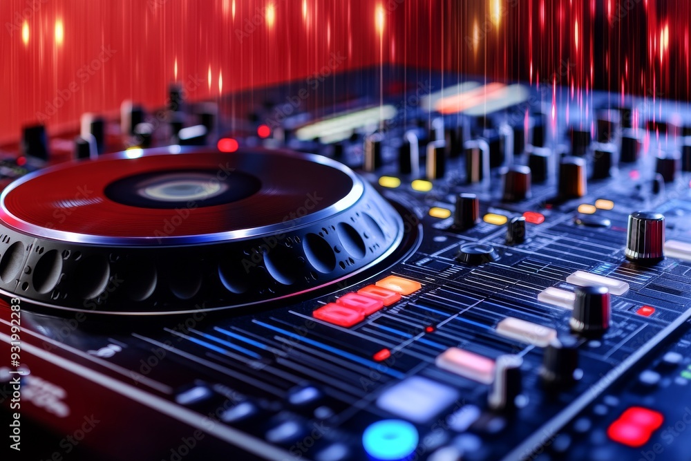 Close Up of a Modern Turntable in a Neon Lit Club Capturing the Precision Technology and Rhythm of Music Mixing in a Vibrant Nightlife Setting Close Up of a Modern Turntable in a Neon Lit Club Capturing the Precision Technology and Rhythm of Music Mixing in a Vibrant Nightlife Setting