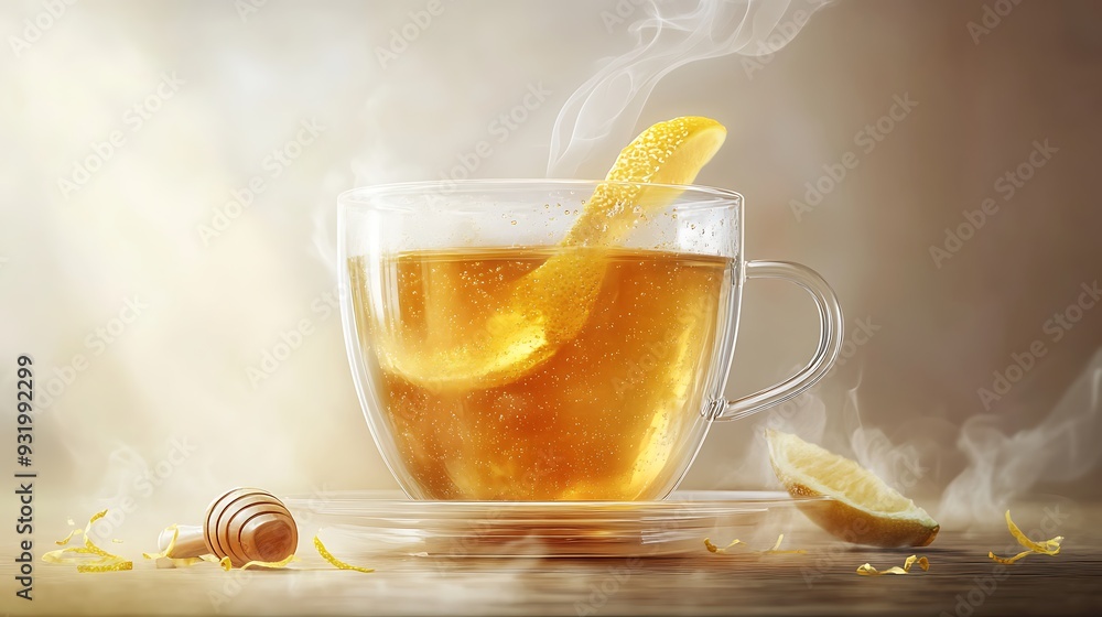 Steaming cup of lemon tea with honey and a lemon wedge Steaming cup of lemon tea with honey and a lemon wedge