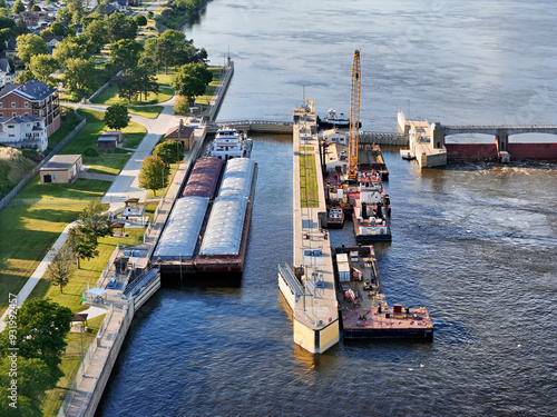 Locks and Dam 14 on the Mississippi river at Bellevue IA opening the lock so a barge can proceed down river.