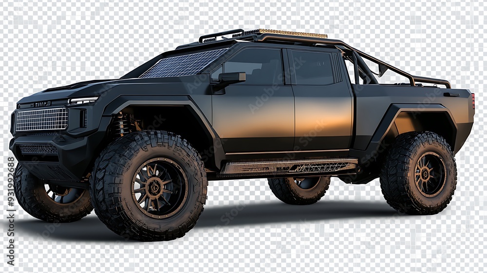 Black Off-Road Pickup Truck with Solar Panel Roof Black Off-Road Pickup Truck with Solar Panel Roof