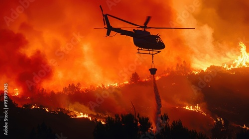 Helicopter Fighting Wildfire at Night with Water Bucket
 photo