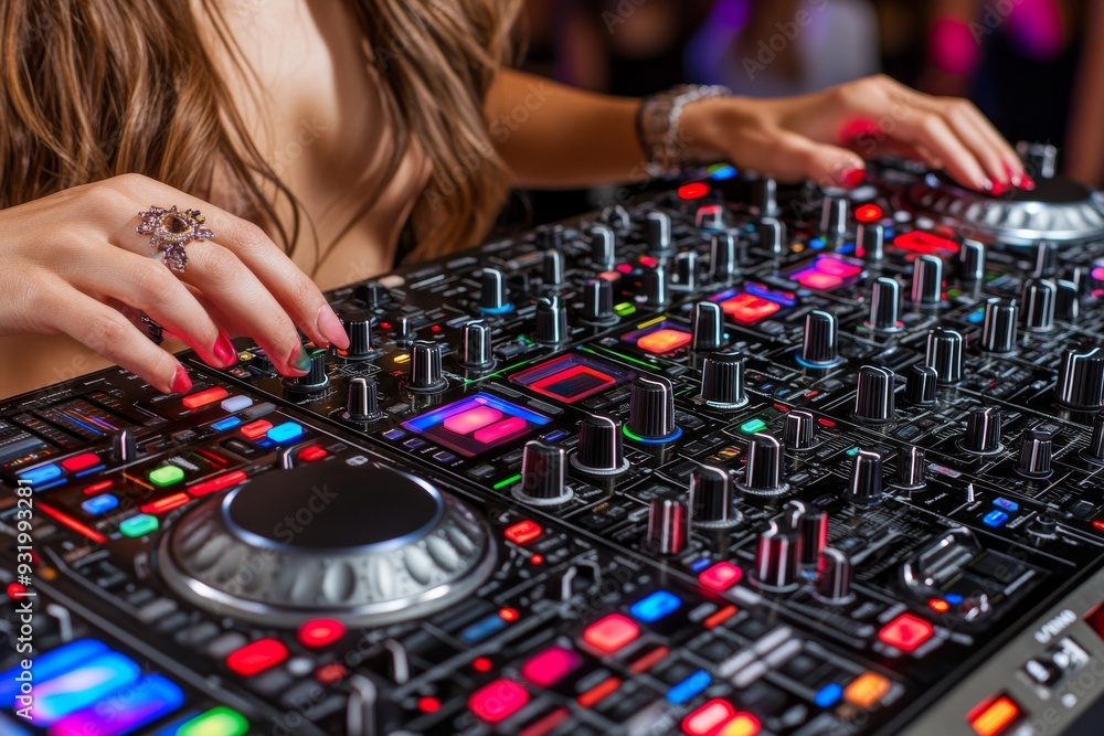 Female DJ adjusting a professional mixing console in a neon lit environment capturing the energy color and rhythm of a live electronic music set in a vibrant and dynamic nightlife scene Female DJ adjusting a professional mixing console in a neon lit environment capturing the energy color and rhythm of a live electronic music set in a vibrant and dynamic nightlife scene