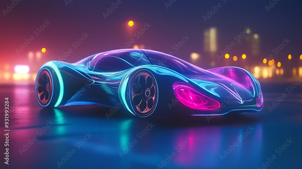 Futuristic Sports Car with Neon Lights in a City at Night Futuristic Sports Car with Neon Lights in a City at Night