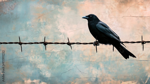 Black crow perched on a barbed wire fence against a textured background, creating a dark and moody atmosphere with a hint of solitude and freedom, perfect for halloween