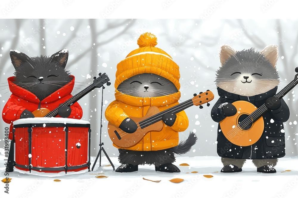 Three Cats Playing Music in the Snow Three Cats Playing Music in the Snow