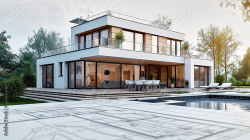 Architectural project of a modern house with swimming pool standing on blueprints