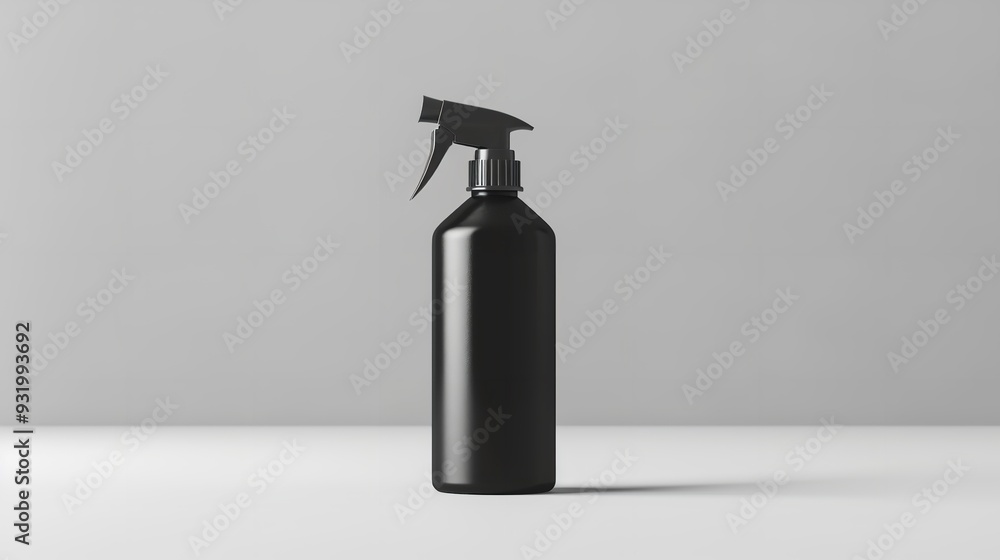 clean white backdrop with a mock-up of a black spray bottle, Generative AI. clean white backdrop with a mock-up of a black spray bottle, Generative AI.