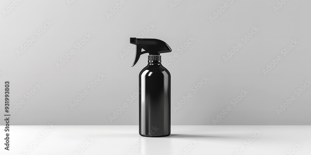 clean white backdrop with a mock-up of a black spray bottle, Generative AI. clean white backdrop with a mock-up of a black spray bottle, Generative AI.