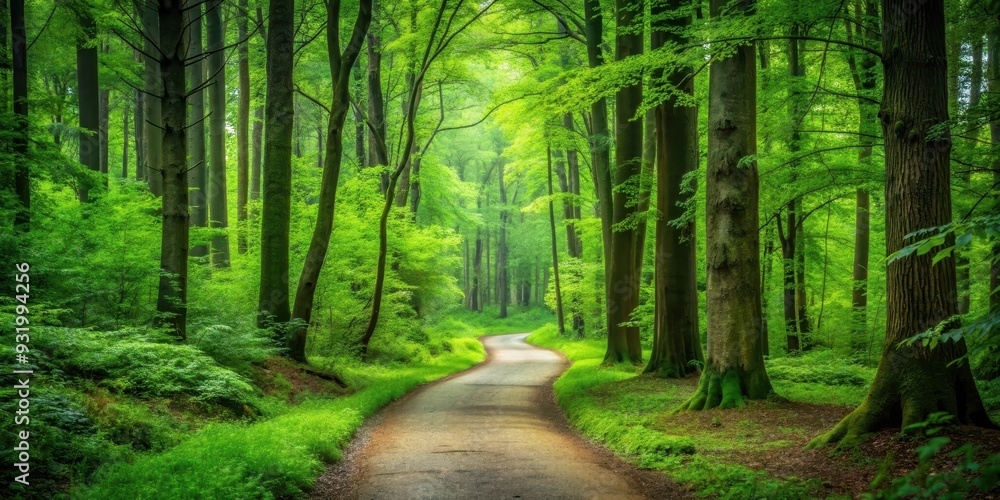 Obraz premium A serene path winding through a lush green forest, nature, trees, hiking, trail, peaceful, wanderlust, outdoors