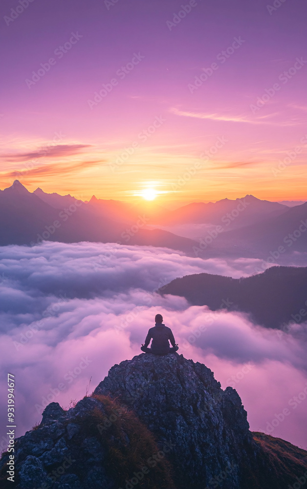 Silhouette of a person meditating on a mountain peak at sunrise, overlooking a vast landscape of clouds and distant mountains with vibrant colors in the sky Silhouette of a person meditating on a mountain peak at sunrise, overlooking a vast landscape of clouds and distant mountains with vibrant colors in the sky
