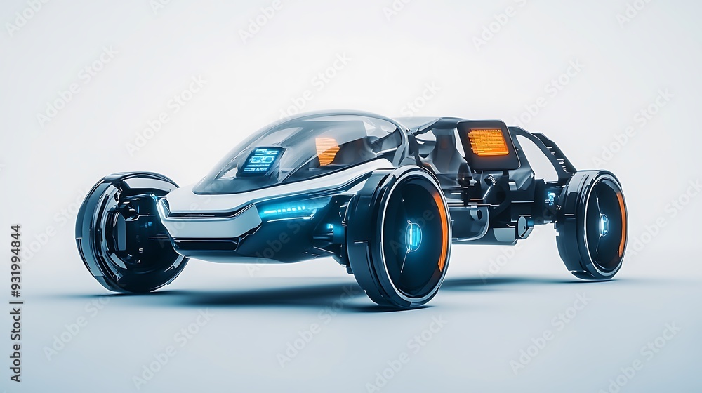 Futuristic, white and black sports car with glowing headlights on a white background Futuristic, white and black sports car with glowing headlights on a white background