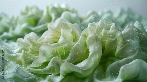 Close-up of Dewy Green Cabbage Leaves