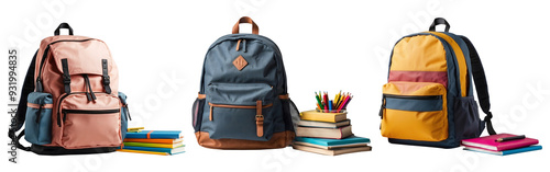 Set of Colorful Backpack with School Supplies Isolated on a Transparent Background
