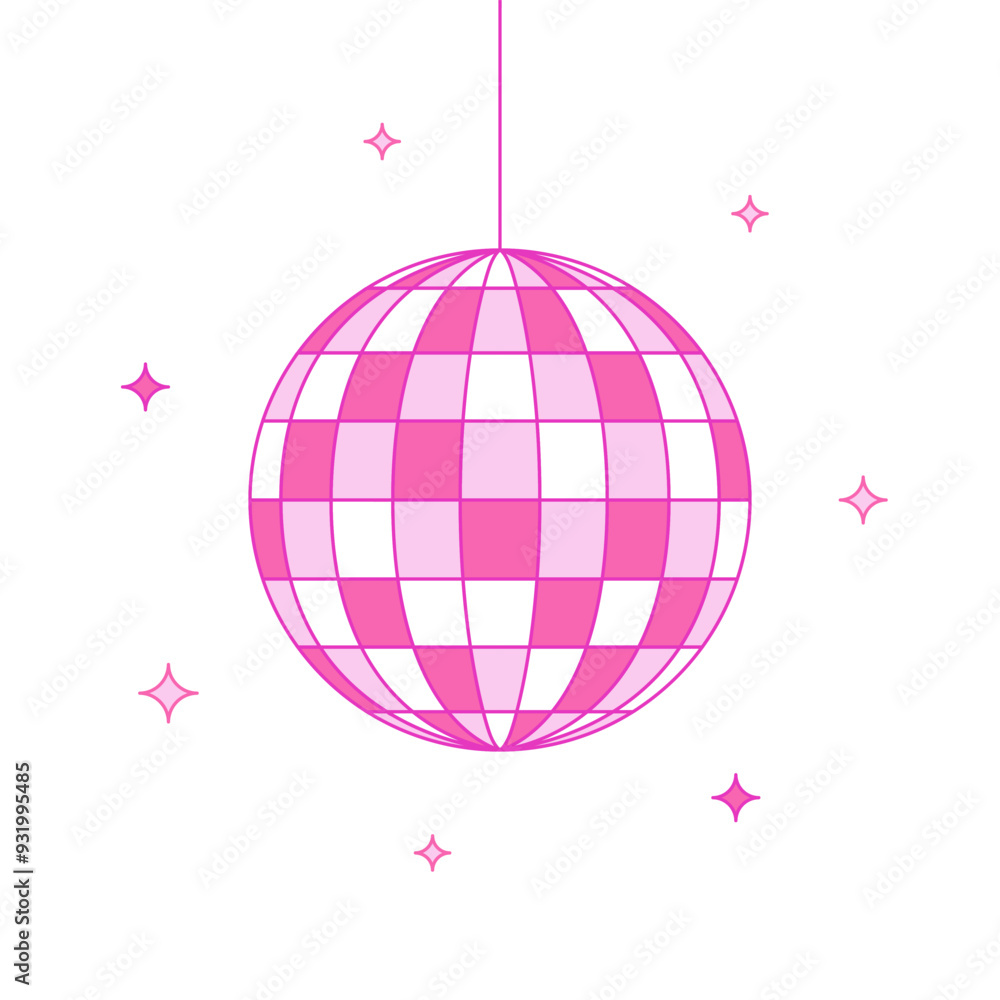 Pink disco ball with stars on a white background, cartoon illustration, flat style Pink disco ball with stars on a white background, cartoon illustration, flat style
