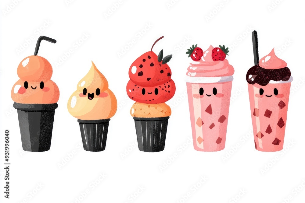 Cute Cartoon Desserts - Cupcakes and Smoothies with Smiling Faces Cute Cartoon Desserts - Cupcakes and Smoothies with Smiling Faces