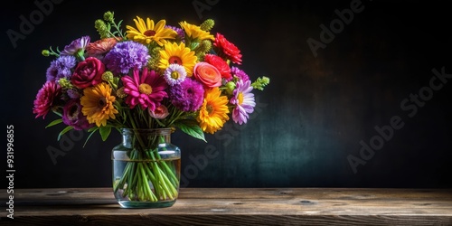 Wallpaper Mural Colorful bouquet of flowers in a vase on a table against a black background, bouquet, flowers, vase, table Torontodigital.ca