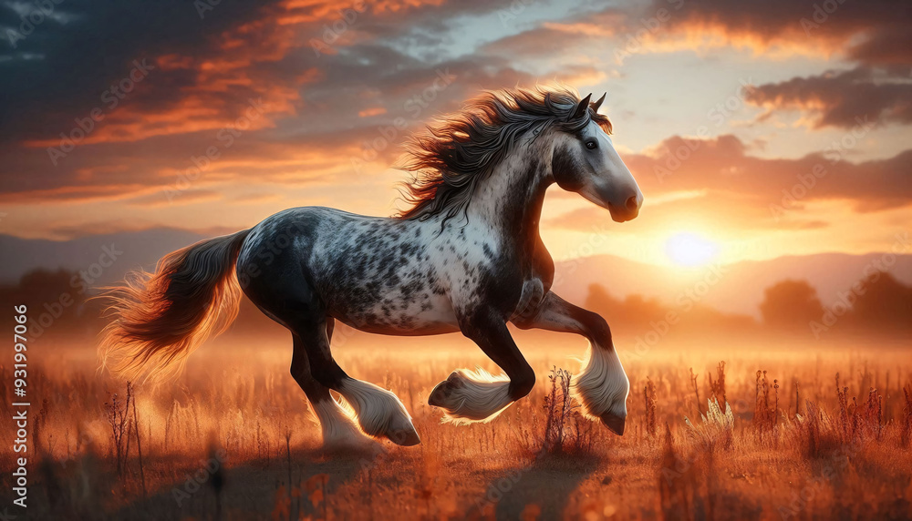 Horse running through a field at Sunset. Generative AI. Horse running through a field at Sunset. Generative AI.