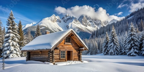 Snowy wilderness log cabin in the mountains, winter, cabin, wilderness, snow, cold, cozy, rustic, remote, wood