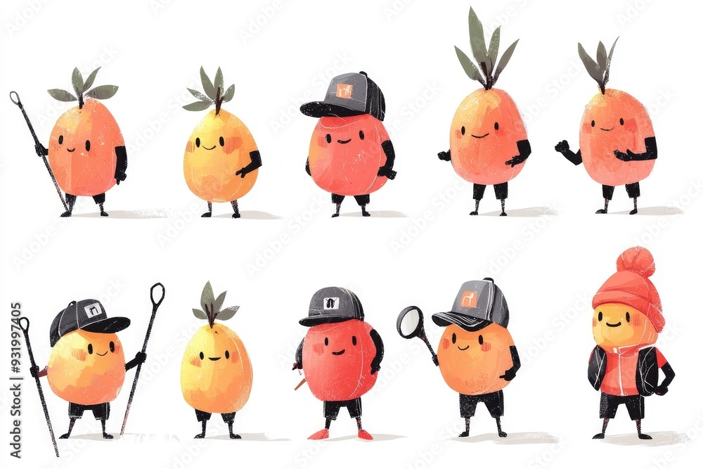 Naklejka premium Cute Fruit Characters with Different Personalities and Occupations