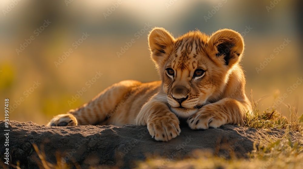 A cute lion cub lying on its stomach, bathed in the warm glow of golden hour lighting A cute lion cub lying on its stomach, bathed in the warm glow of golden hour lighting