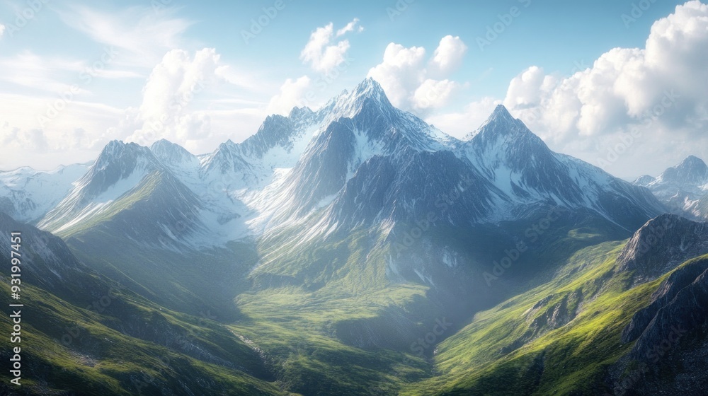 Majestic Mountain Range with Snow-Capped Peaks and Lush Green Slopes Majestic Mountain Range with Snow-Capped Peaks and Lush Green Slopes