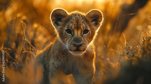 A baby lion cub in the savannah at golden hour