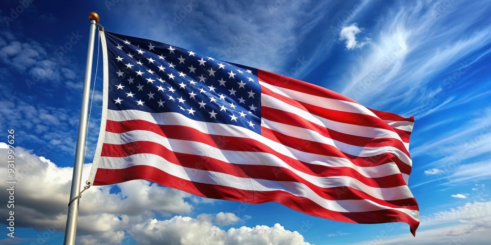 Close-up of American flag waving in the wind, patriotic, symbol, stars and stripes, United States, pride Close-up of American flag waving in the wind, patriotic, symbol, stars and stripes, United States, pride